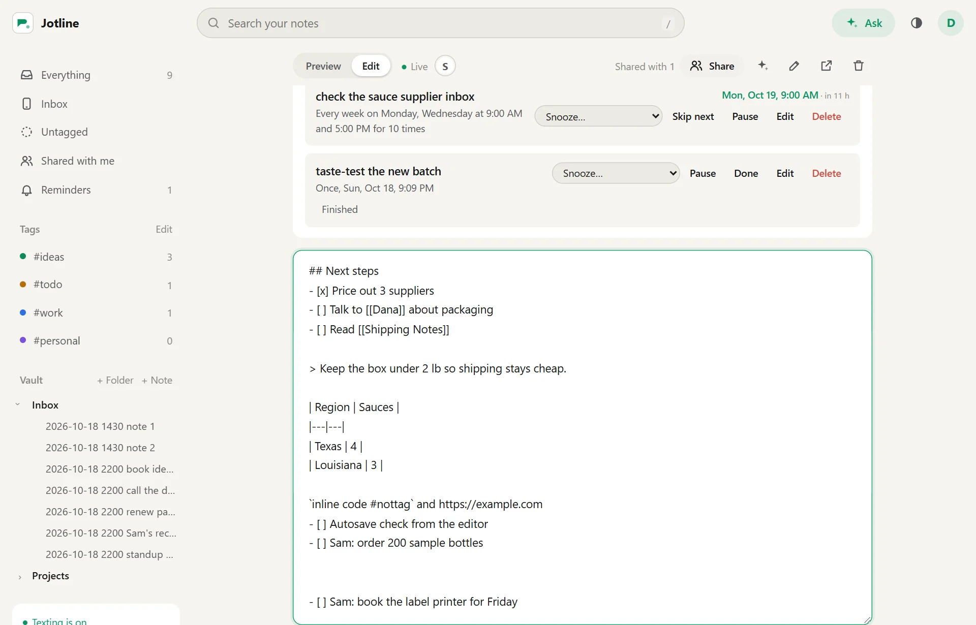 A shared note open in the editor, live, with Sam's initial showing that Sam is typing