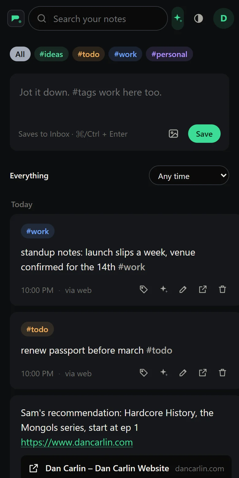 Jotline's feed on a phone: notes texted in today, each with its tags