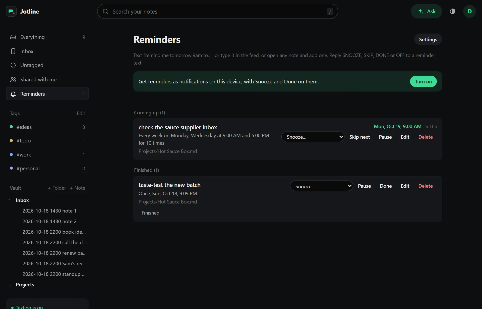 The Reminders page: a weekly reminder on Monday and Wednesday at 9:00 AM and 5:00 PM, with Snooze, Skip next and Pause